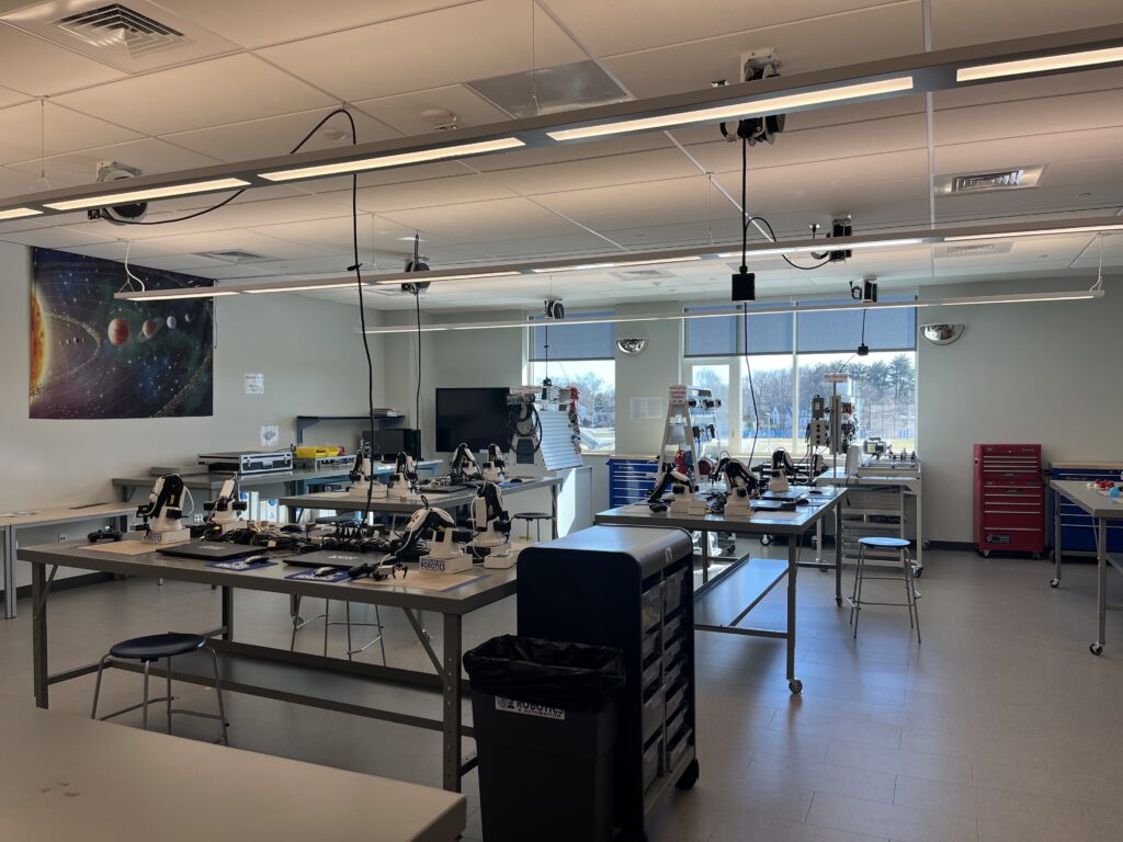 Attleboro High School Robotics and Automation lab with equipment.