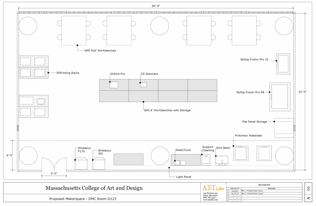 Lab layout by AET Labs for the Massachusetts College of Art and Design makerspace.